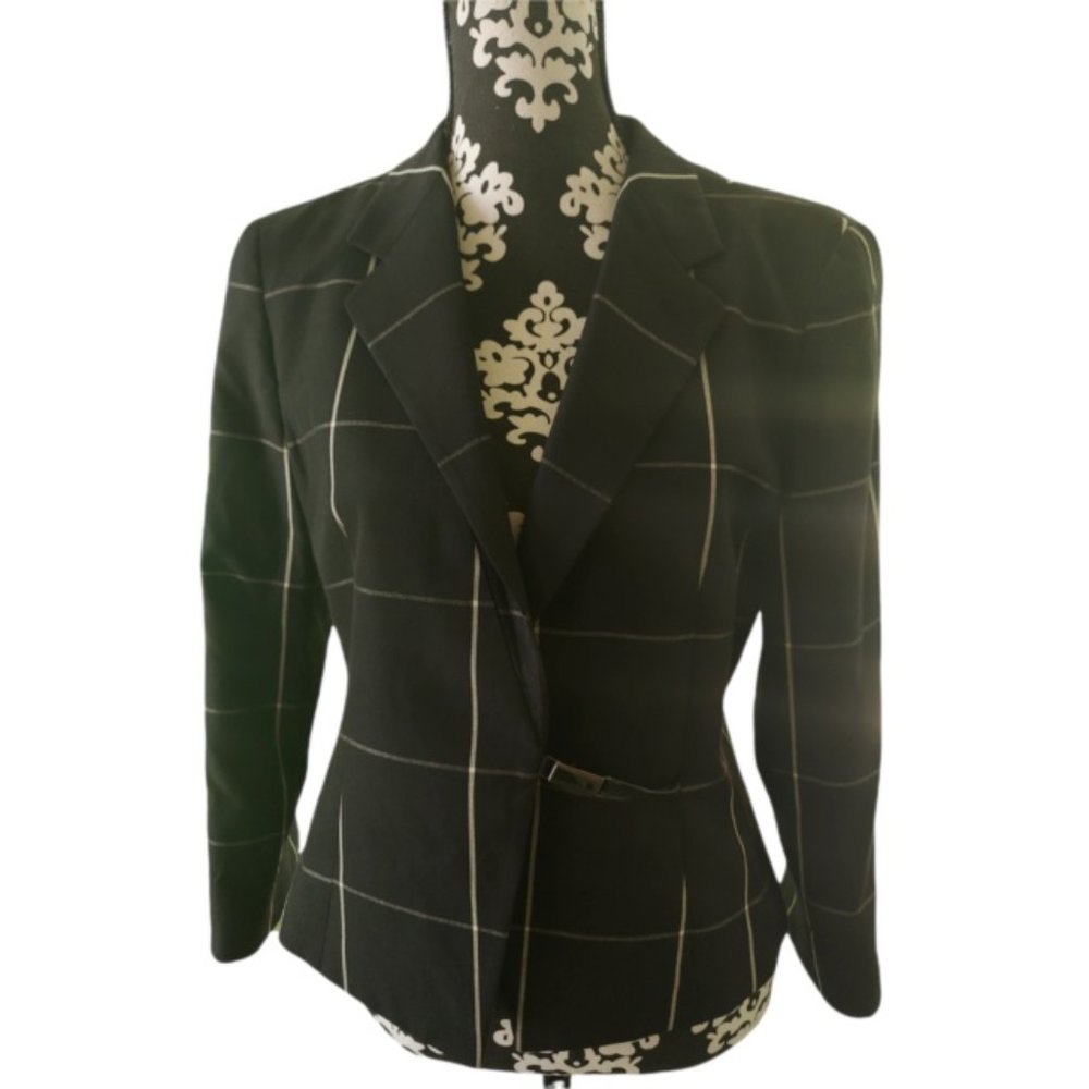 ARMANI COLLEZIONI Women's Black Windowpane Buckled Blazer Jacket Size 10 Italy
